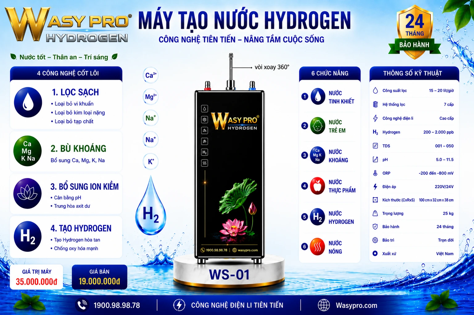 Máy tạo nước Hydrogen giàu ion kiềm sạch Model WS-01