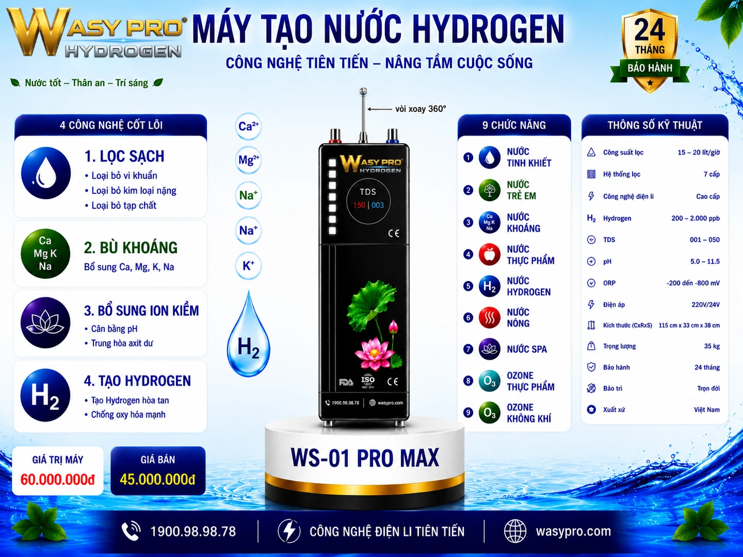 Máy tạo nước Hydrogen giàu ion kiềm sạch Model WS-01 PRO MAX