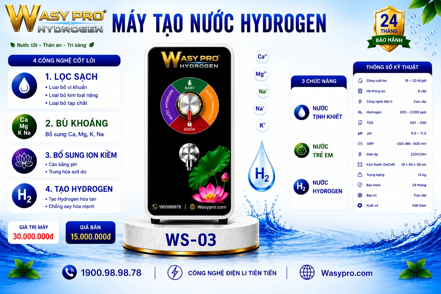 Máy tạo nước Hydrogen giàu ion kiềm sạch Model WS-03