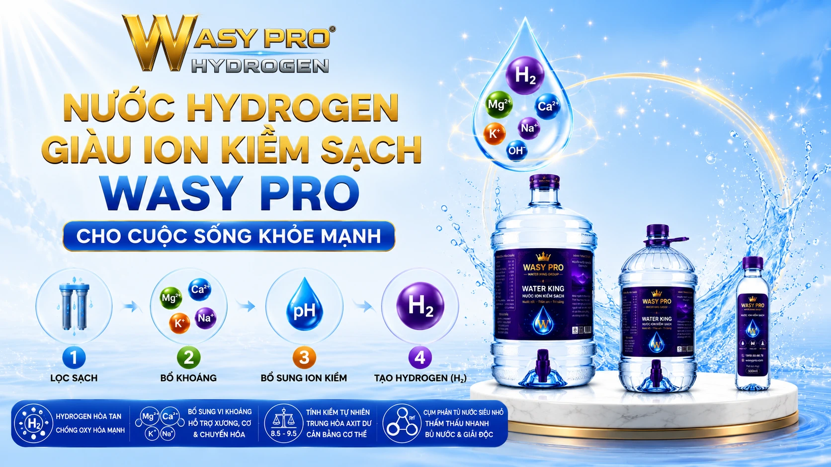 Nước Hydrogen Giàu Ion Kiềm Sạch WASY PRO Cho Cuộc Sống Khỏe Mạnh dd